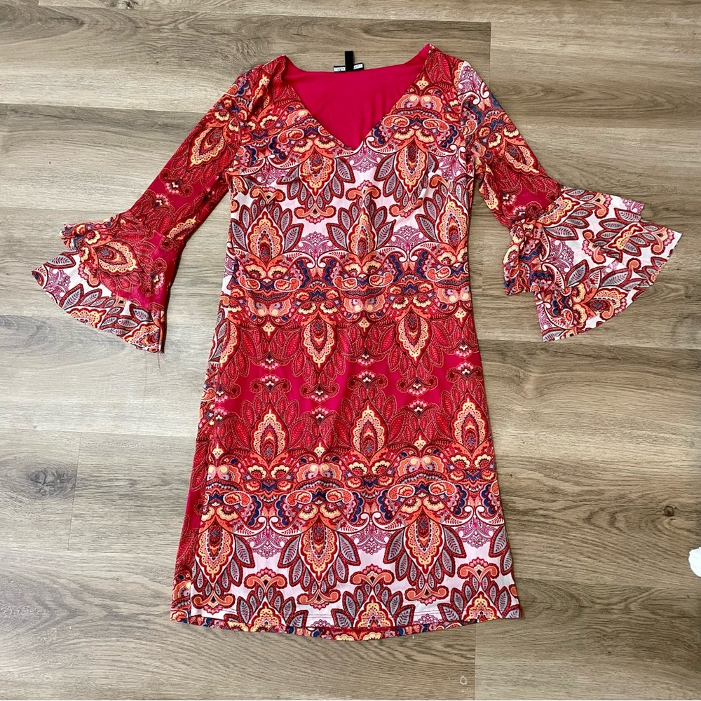 Boho Paisley Bell Sleeve Mini Dress